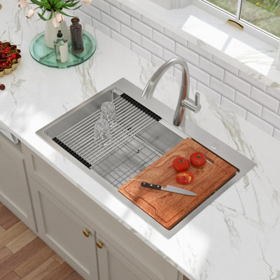 Évier de cuisine à simple cuve encastrable en acier inoxydable de 30 po L x 22 po avec grille d'évier, planche à découper, passoire, passoire et support à roulettes
