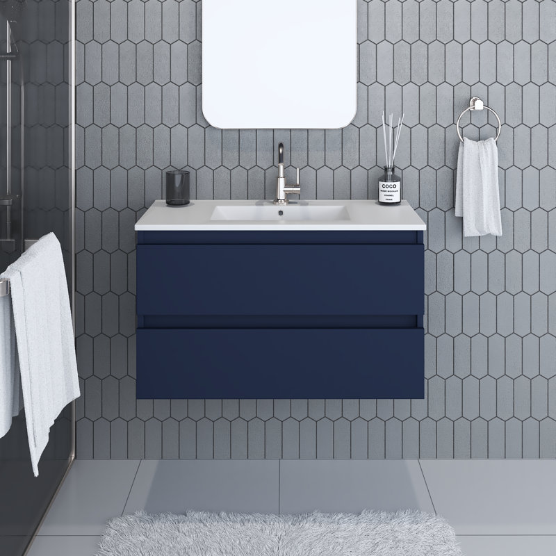 Ensemble de meuble-lavabo mural flottant en céramique 36 po Salt [18D], Bleu marine
