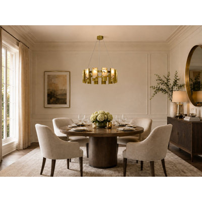 Lustre 12 lumières DEL en laiton satiné et aluminium blanc albâtre