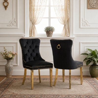 Chaise de salle à manger rembourrée en velours moderne avec dossier capitonné, garniture cloutée