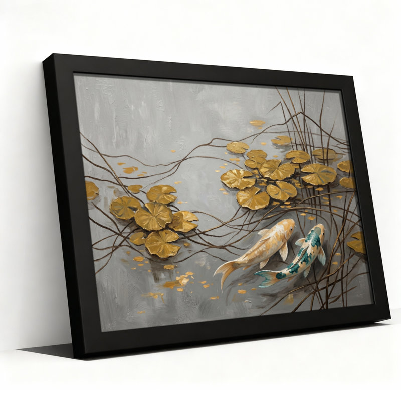Toile noire encadrée en bois noir pour le salon, la chambre à coucher, le bureau ou le vestibule - décoration murale décorative avec poisson Koi
