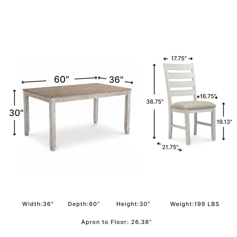 Mereworth 7 Piece Dining Table Set | Rectangular Wood Top and 6 Ladder-Back Chairs | Dual Tone Weathered White Brown