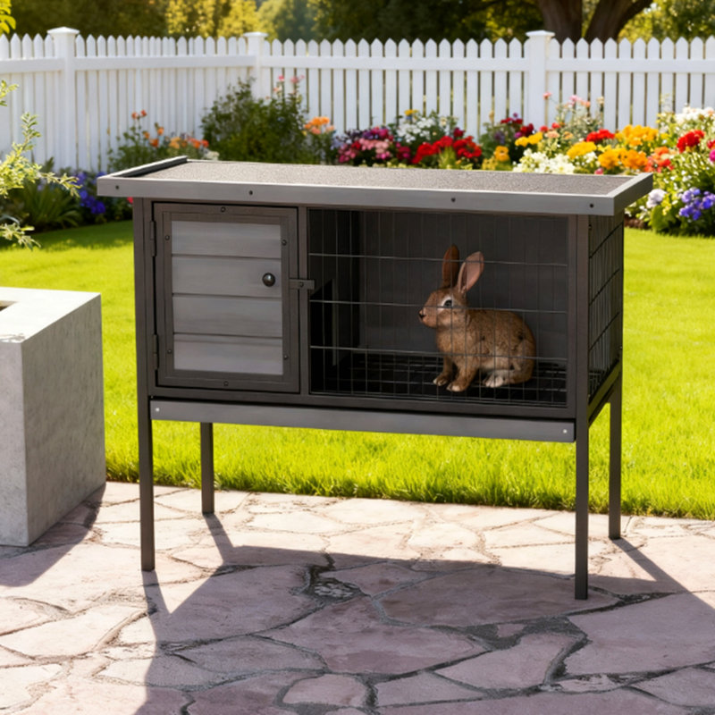 Cage à lapin en bois surélevée sans plateau de fuite, gris