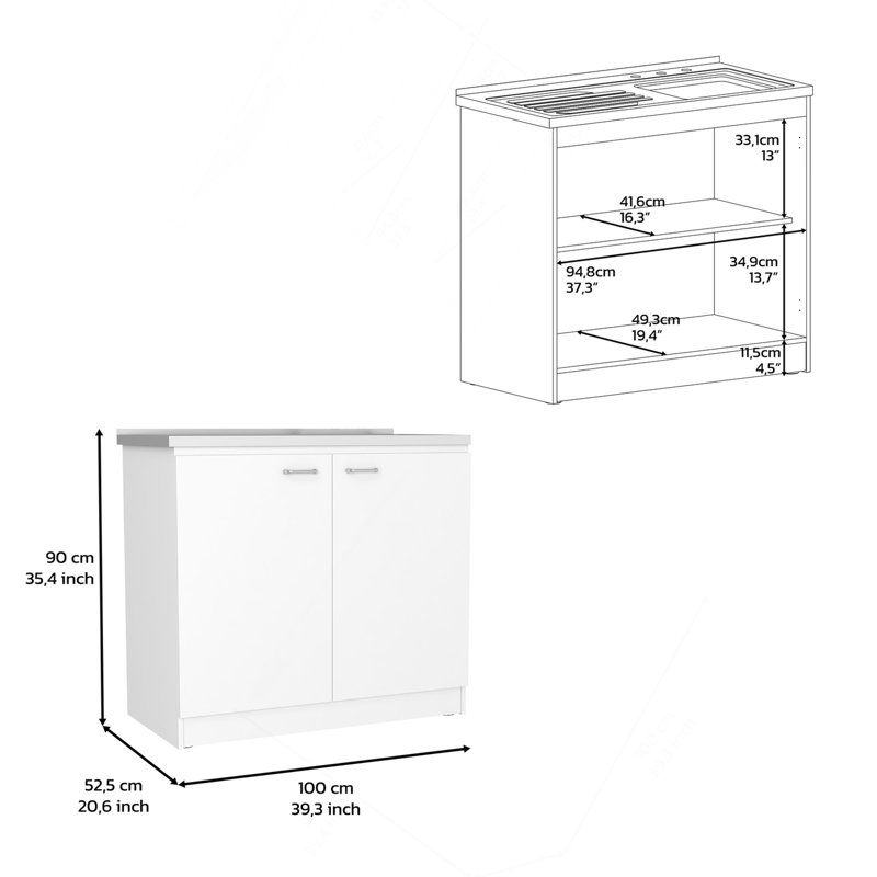 Évier autoportant, armoire à deux portes, deux tablettes, blanc, Blanc