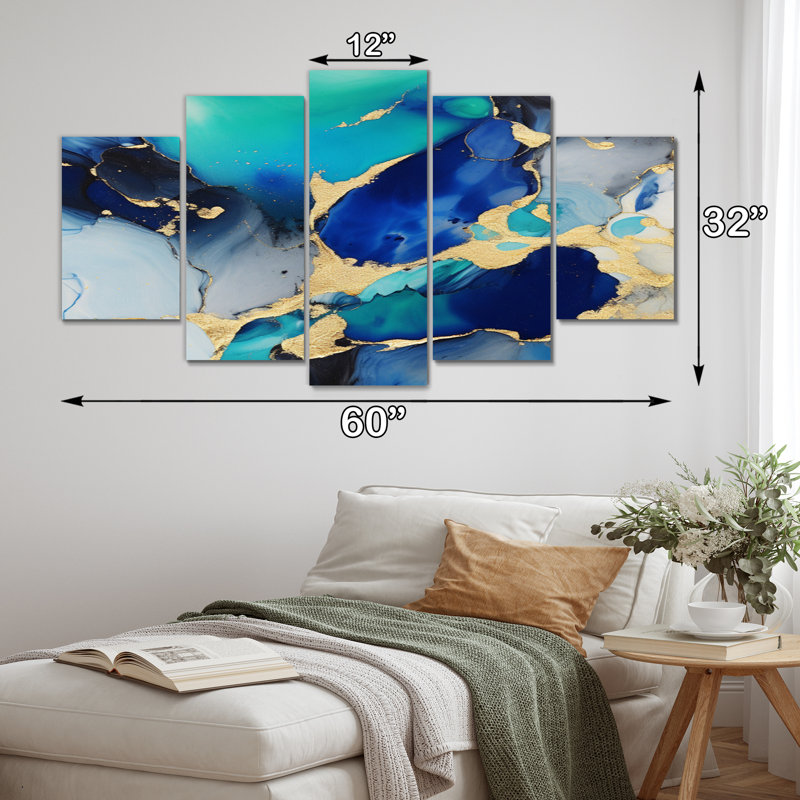 «Lakhraj - Blue and Gold Luxury Fluide Art X - Fractals Wall Art Print - 5 Panels