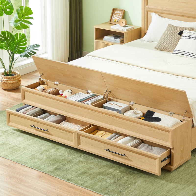 Lit avec tête de lit géométrique 3D et banc de rangement, Très grand lit, Chêne