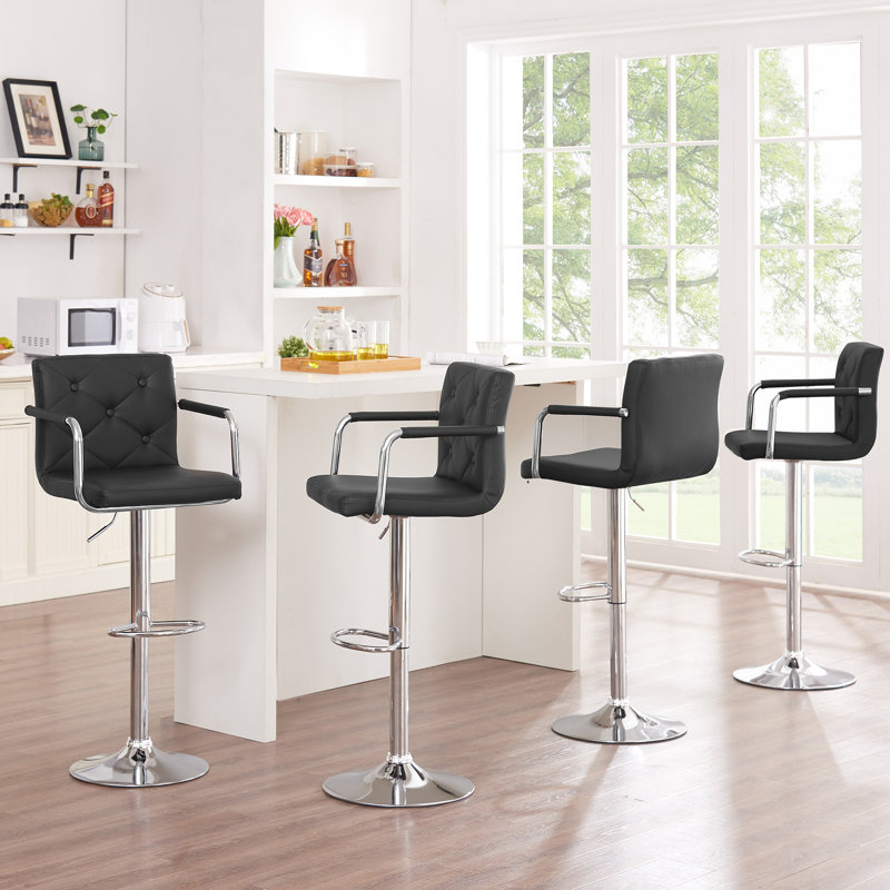 Set of 4 Adjustable Tufted Bar Stools with Back and Armrests, PU Leather Swivel Counter Height Chairs for Kitchen Island, 4
