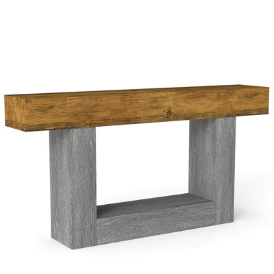 63 Inch Farmhouse Console Table - 2-Tier U-Base Wood Sofa Table, Vintage Brown & Gray For Entryway