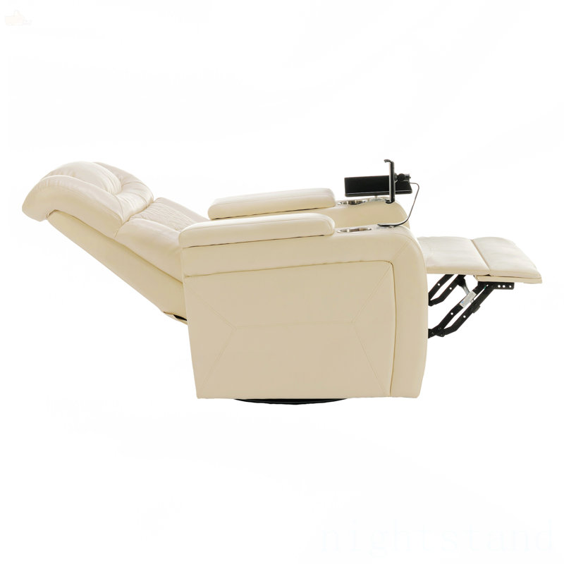 Fauteuil inclinable électrique pivotant de 270 degrés en cuir polyuréthane avec plateau, Simili cuir blanc