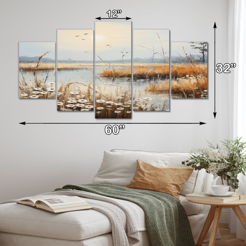 «Meadow Atmospherique Horizon Pointillism I», impression d'art sur toile - 5 panneaux
