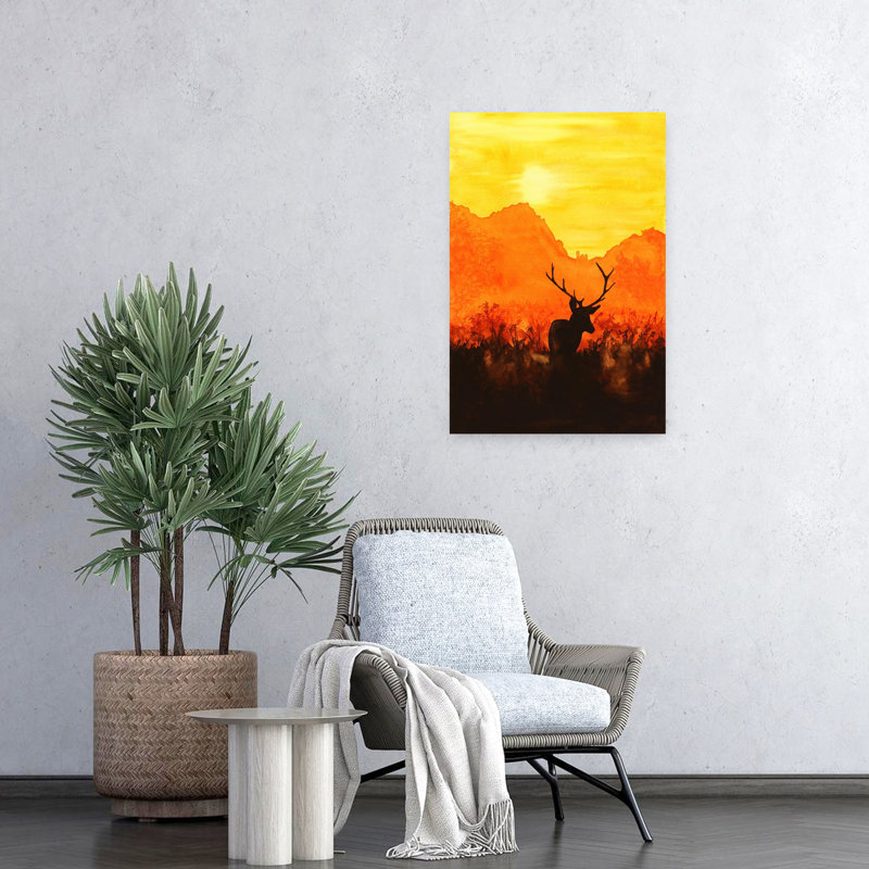 Cerf rouge dans le soleil du soir, art animalier abstrait audacieux, H 24 po x l 16 po