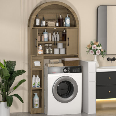 AHB Over The Toilet Storage Cabinet, Freestanding Bathroom Organizer with Adjustable Shelf and Anti-Tip Device, Arched Cabinet with Doors, Space-Saving Toilet Storage for Bathroom, Laundry, Mini Bar
