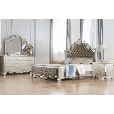 Ebonee Champagne Faux Leather Upholstered Tufted Panel Bedroom Set
