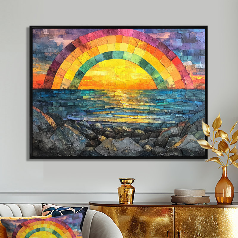 Coastal Rainbow Over The Rocky Shoreline - Art mural arc-en-ciel, H 34 po x l 44 po, Cadre flottant noir