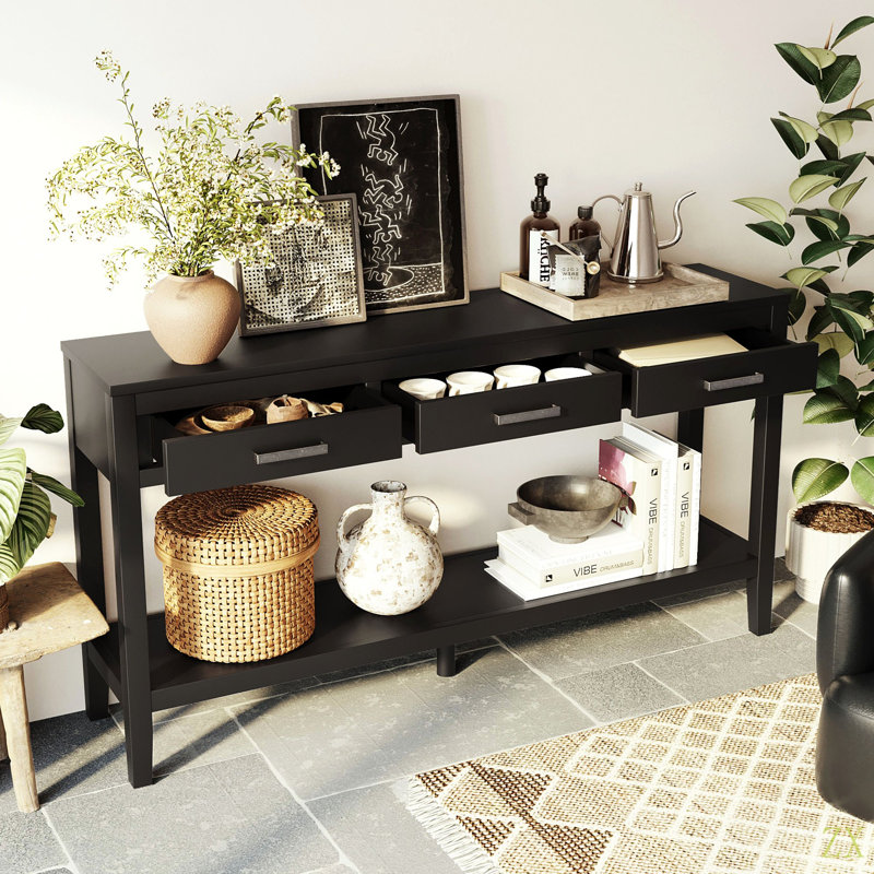 62.2'' Farmhouse Entryway Table With 3 Drawers, Painted Console Table With Bottom Shelf & Iron Handles, Minimalist Sofa Table For Living Room, Hallway, Kitchen, Bedroom, Office