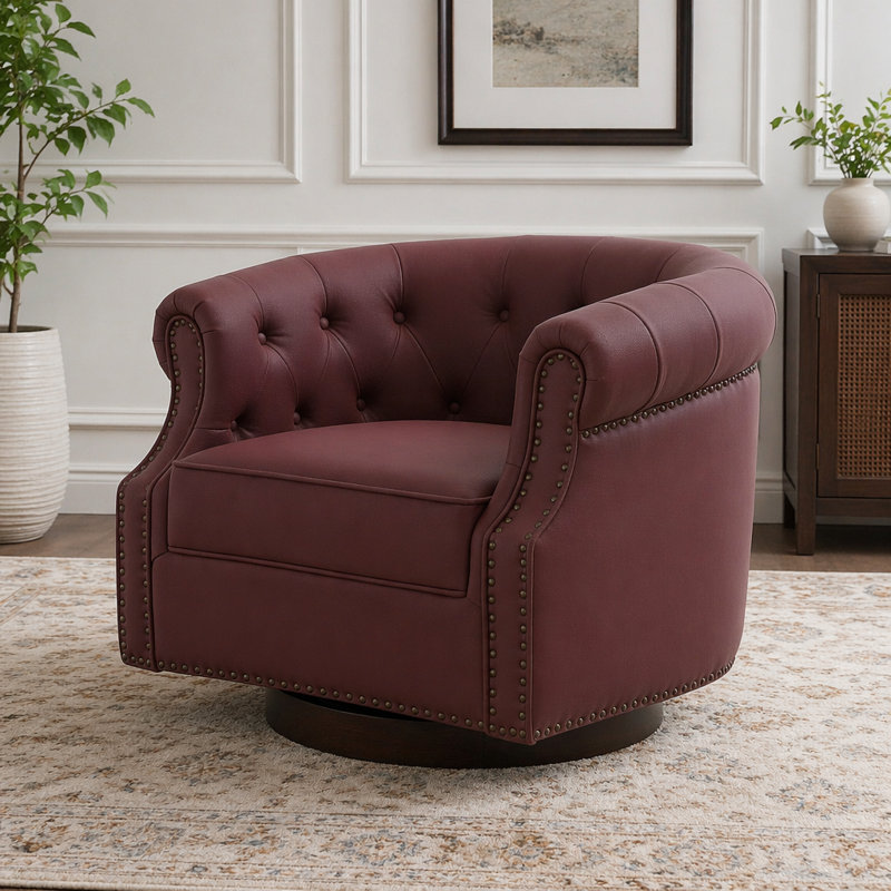 Fauteuil d'appoint pivotant en similicuir moderne avec dossier courbé, Rouge