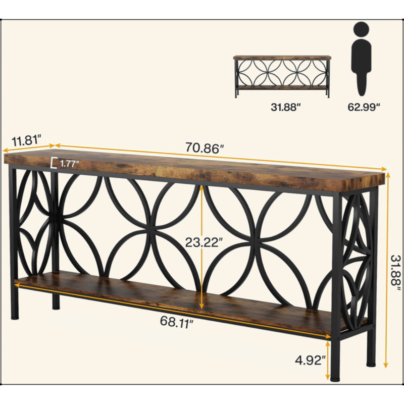 Extra Long Industrial Console Table, Narrow Sofa Table Behind Couch With Open Storage Shelves, Rustic Entryway Table For Hallway, Foyer, Or Living Room, Metal Frame