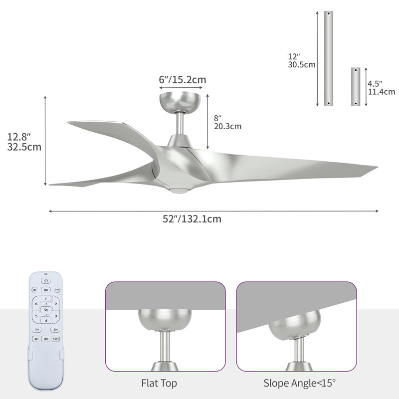 52" 3-Blade Smart Ceiling Fan, Denim Blue
