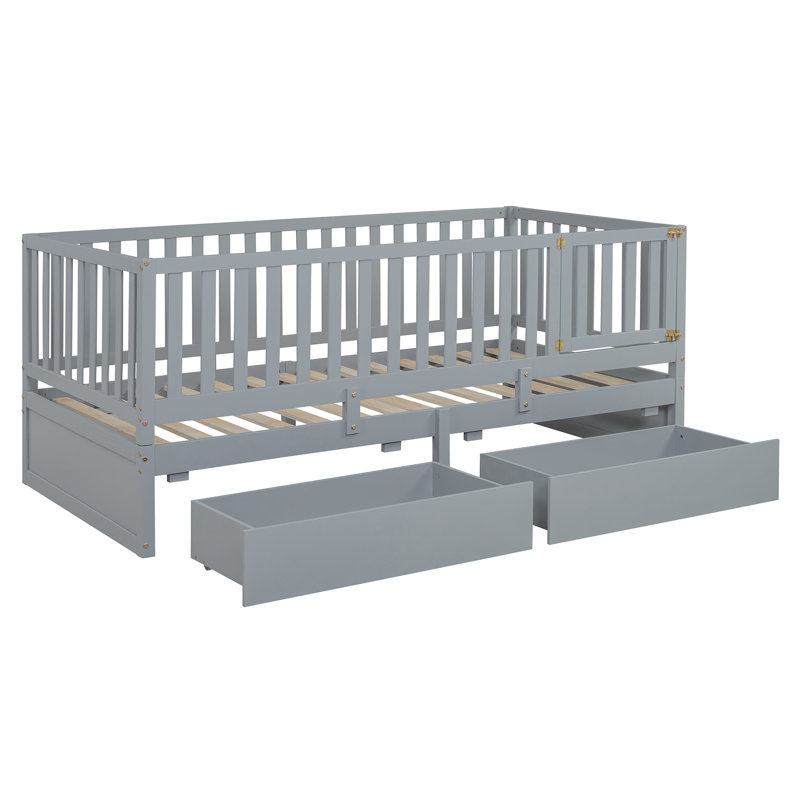 Wood Daybed With Fence Guardrails And 2 Drawers, Gray, Twin