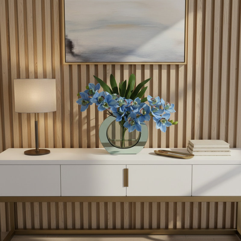 Modern Orchid Arrangement in Mirrored Glass Vase, Blue