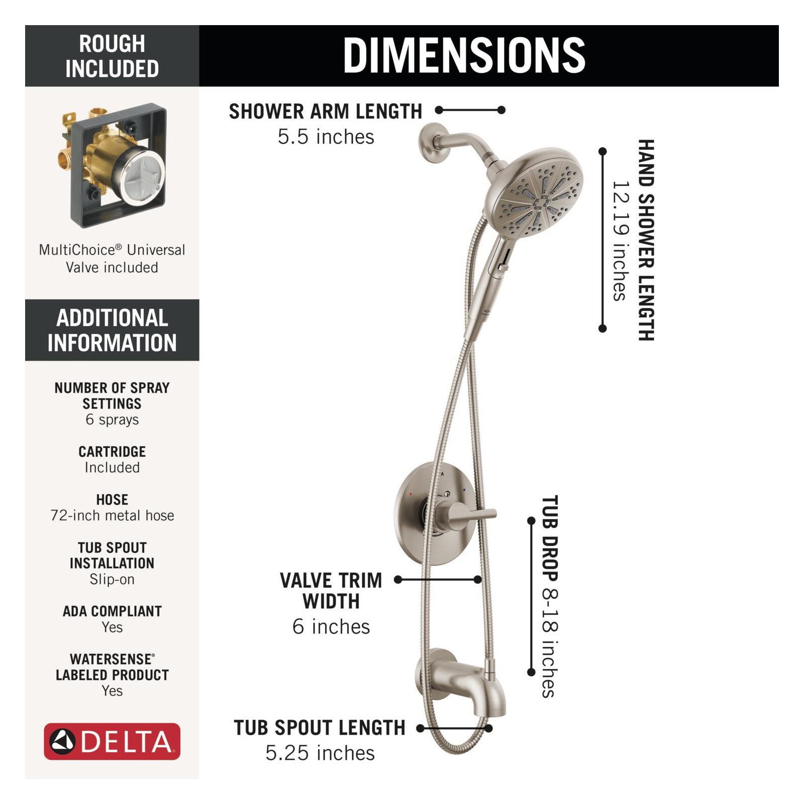 Nicoli 144749-HS Monitor 14 Series Tub and Shower with SureDock Hand Shower, Stainless Steel