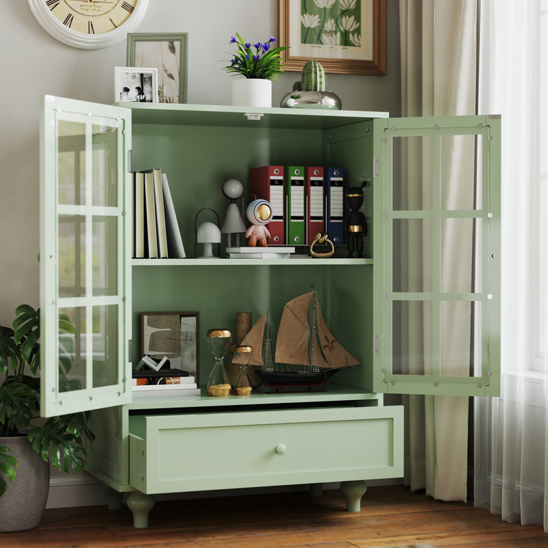 Cabinet with Double Glass Doors and Drawer, Green