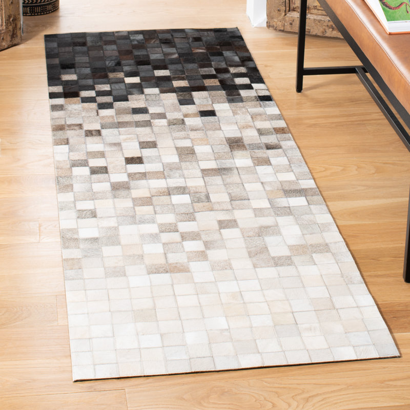 Carlino Hand Woven Leather/Felted Cloth Abstract Rug in Ivory/Black, Rectangle 8' x 10'