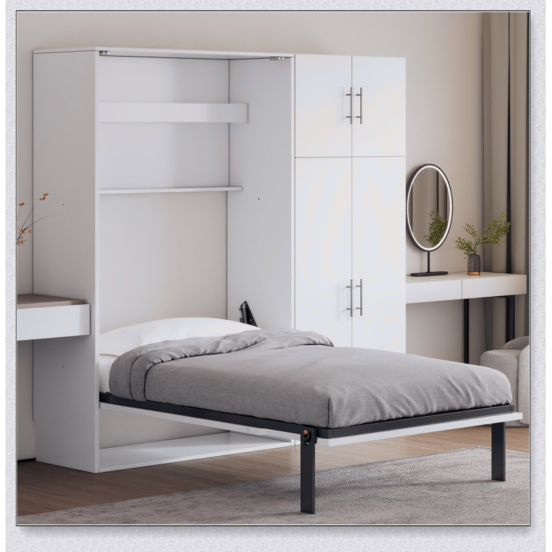 Lit escamotable avec casiers et armoires escamotables, blanc, Lit simple