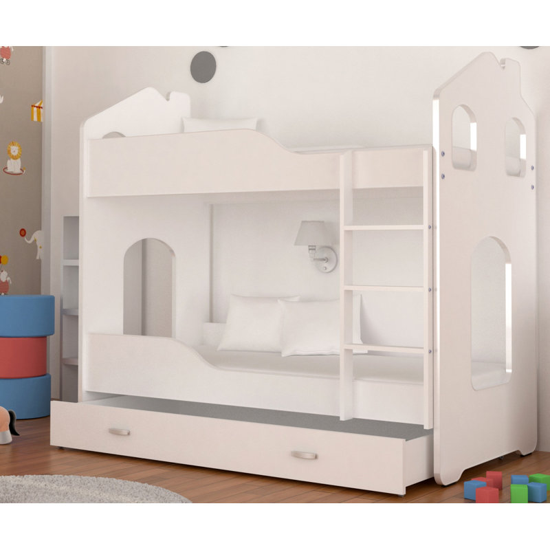 Liev Bunk Bed with Storage Included with Built-in Ladder Included, White/White