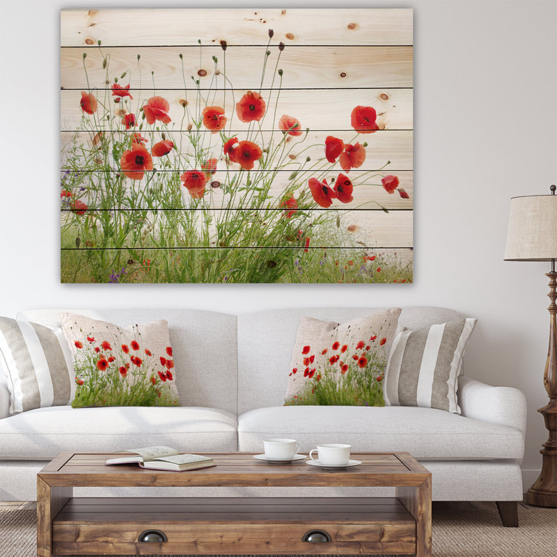 Coquelicots sur fond blanc - impression sans cadre sur bois, H 8 po x l 12 po x P 1 po