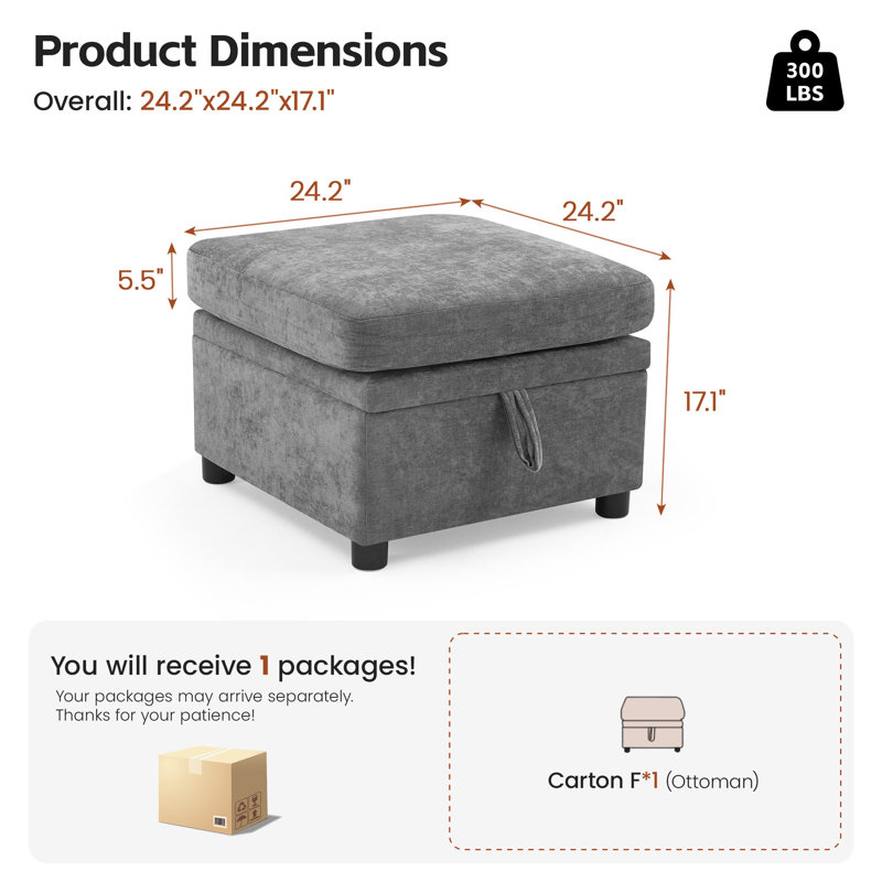 Pouf de rangement de 61,5 cm pour canapé d'angle modulaire – Repose-pieds moderne rembourré avec rangement dissimulé