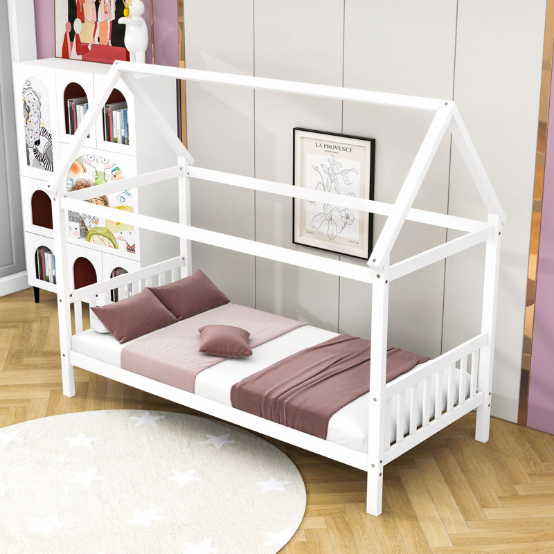 Twin Wooden House-Shaped Bed With Slats, White