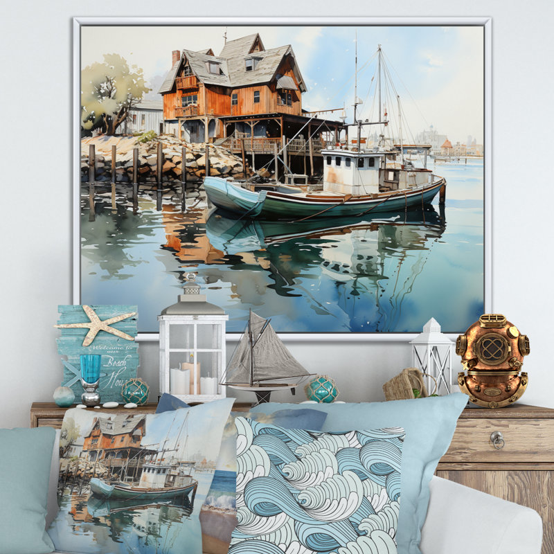 " Port Harbor Reflections IV ", 34" H x 44" W x 1.5" D, White Floater Framed