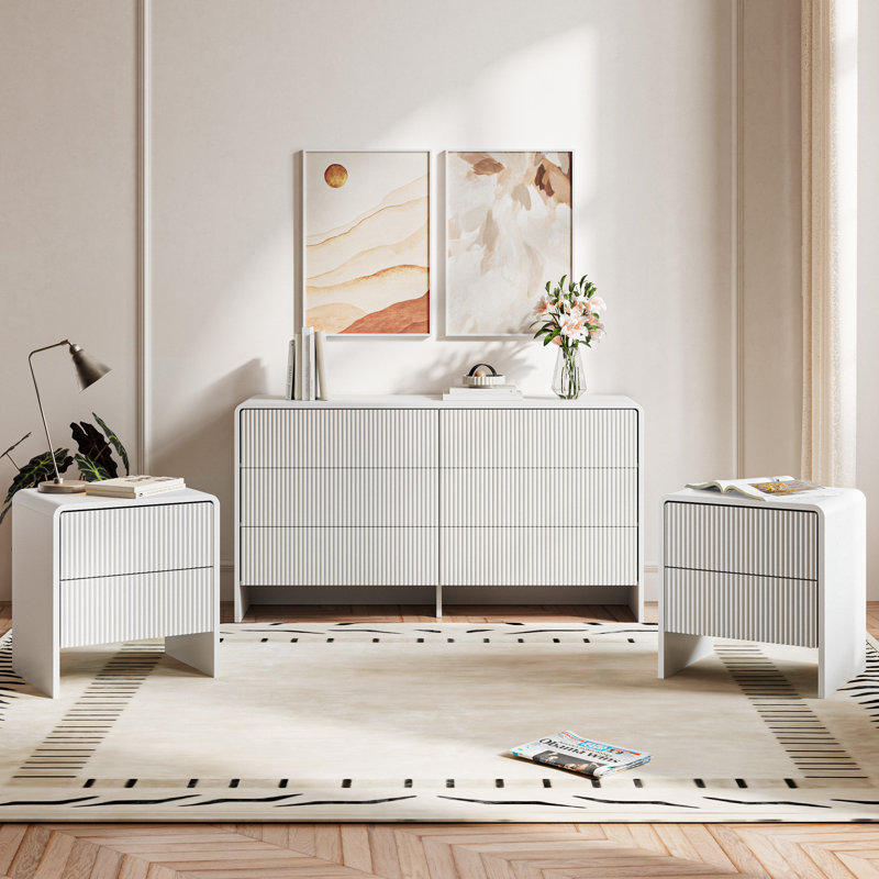 Ensemble de chambre à coucher 3 pièces, commode 6 tiroirs et ensemble de table de chevet 2 pièces, Blanc