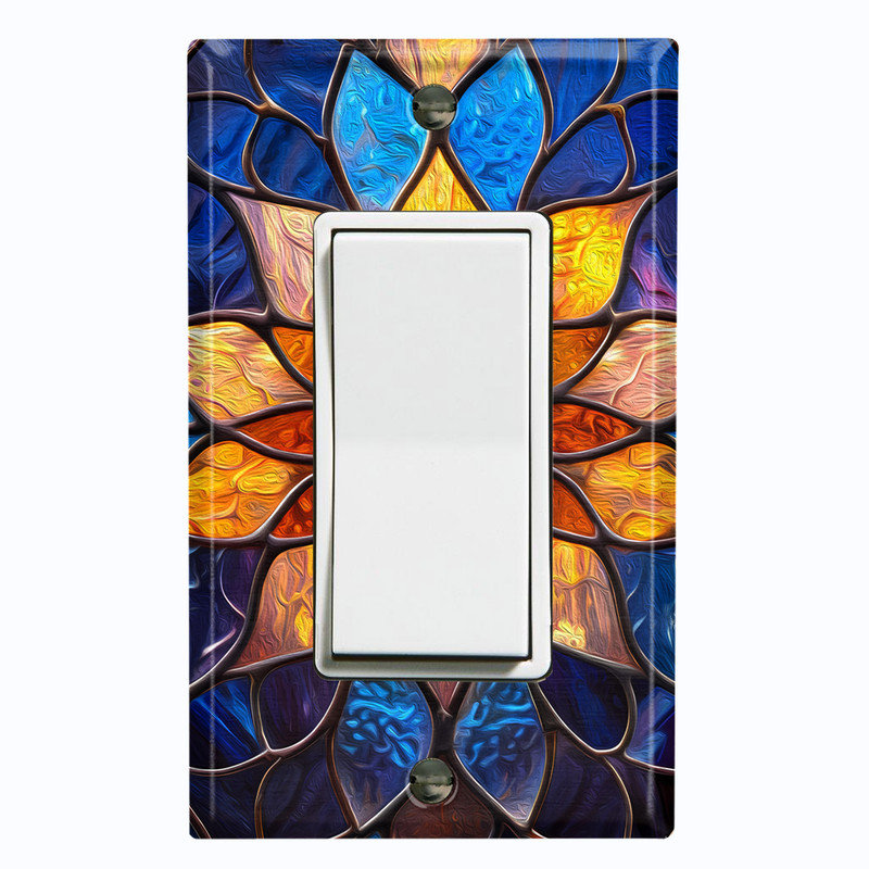 Plaque d'interrupteur en métal ; format standard américain, interrupteur à bascule GFI à 1 voie – motif imprimé de mandala floral en vitrail