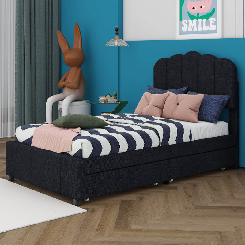 Ebern Designs Twin Size Upholstered Bed With 2 Storage Drawers,Wood ...