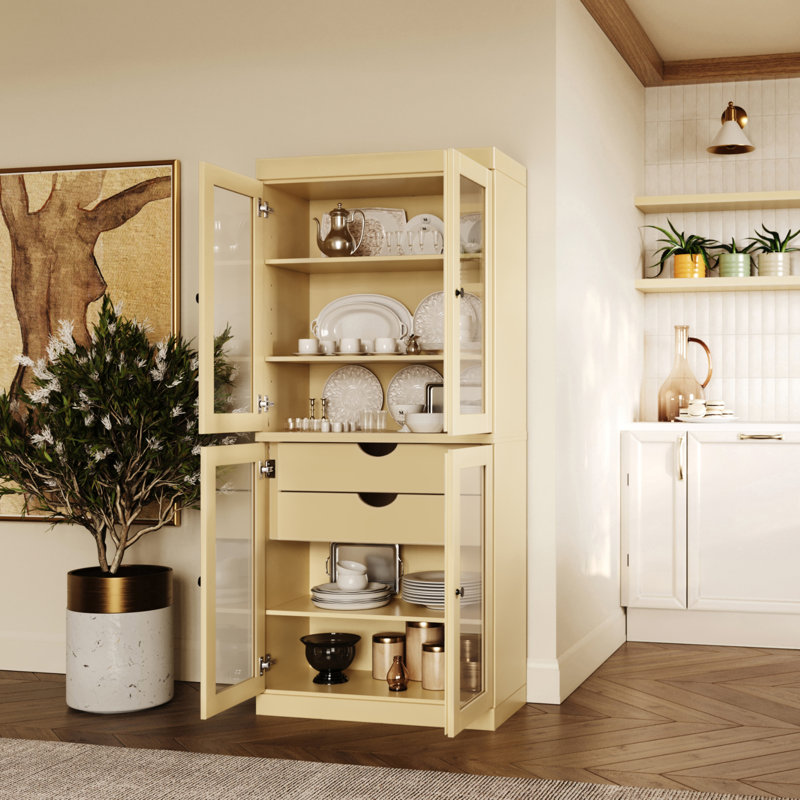 Garde-manger 100% bois massif Kaniesha 32 po avec portes en verre transparent, 2 tiroirs et tablettes réglables, Jaune
