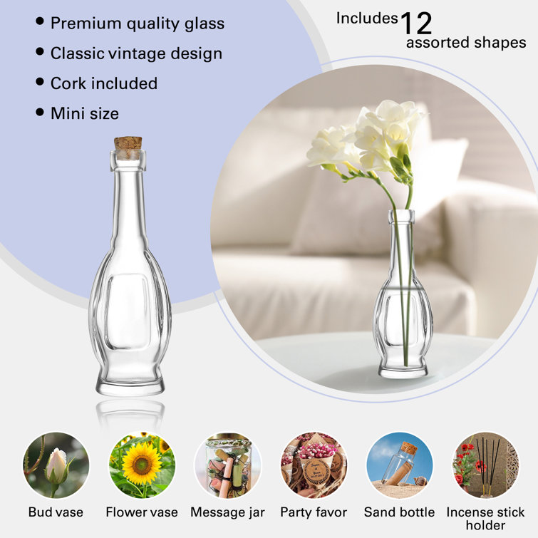 Small Clear Vintage Glass Bottles with Corks, Bud Vases, Decorative,  Potion, Assorted Design Set of 12 pcs