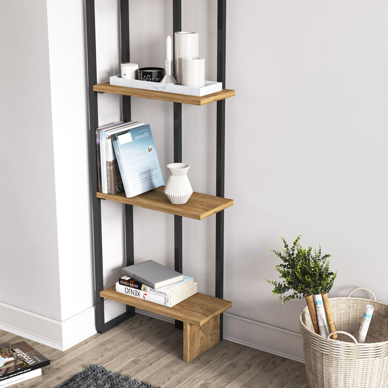 Carmen 71" H x 18" W Metal Corner Bookcase, Black/Oak