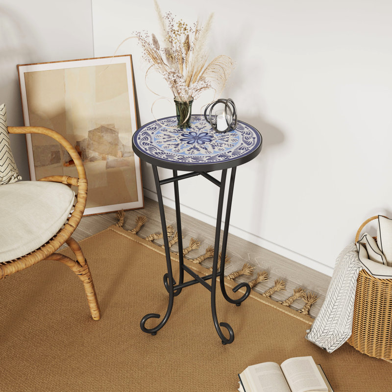 Table d'appoint de patio avec plateau en céramique résistant aux intempéries - couleur bleu + noir, pieds stables pour un aspect patiné inégal et élégant