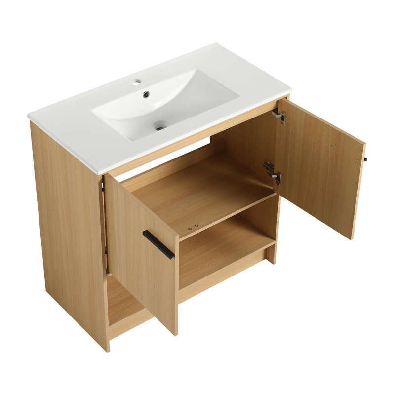 Meuble-lavabo 36 po avec lavabo en céramique, Chêne, Noir