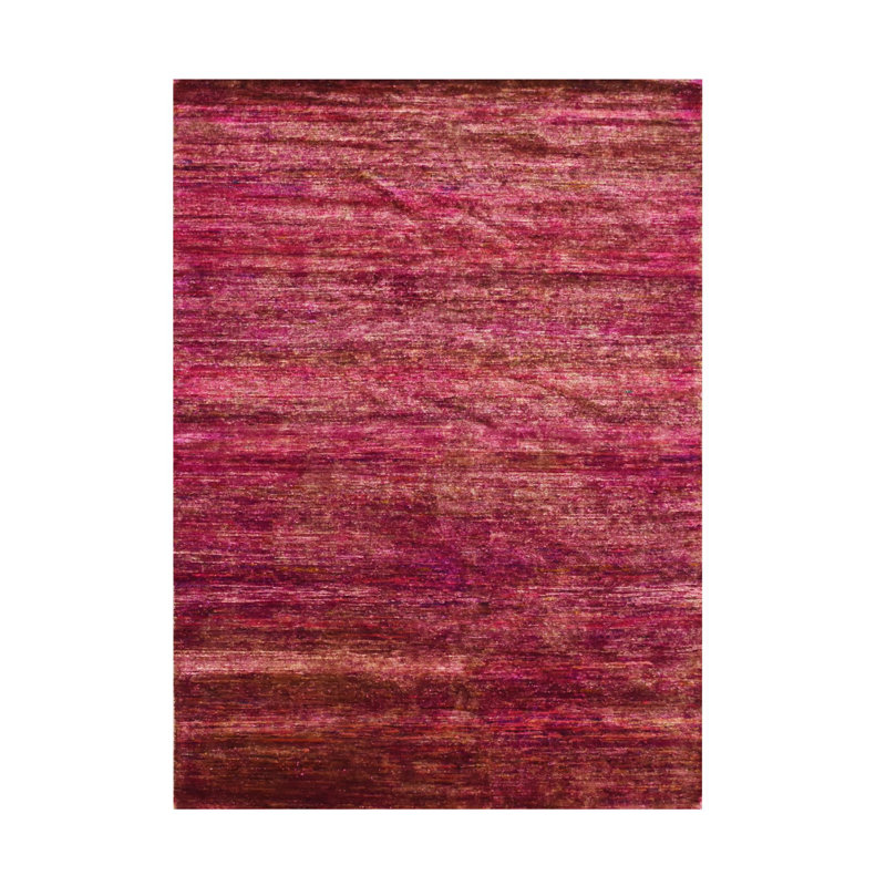 Tapis oriental noué à la main 5 pi x 6 pi 10 po, motif Abrash, soie Sari, uni, doux au toucher