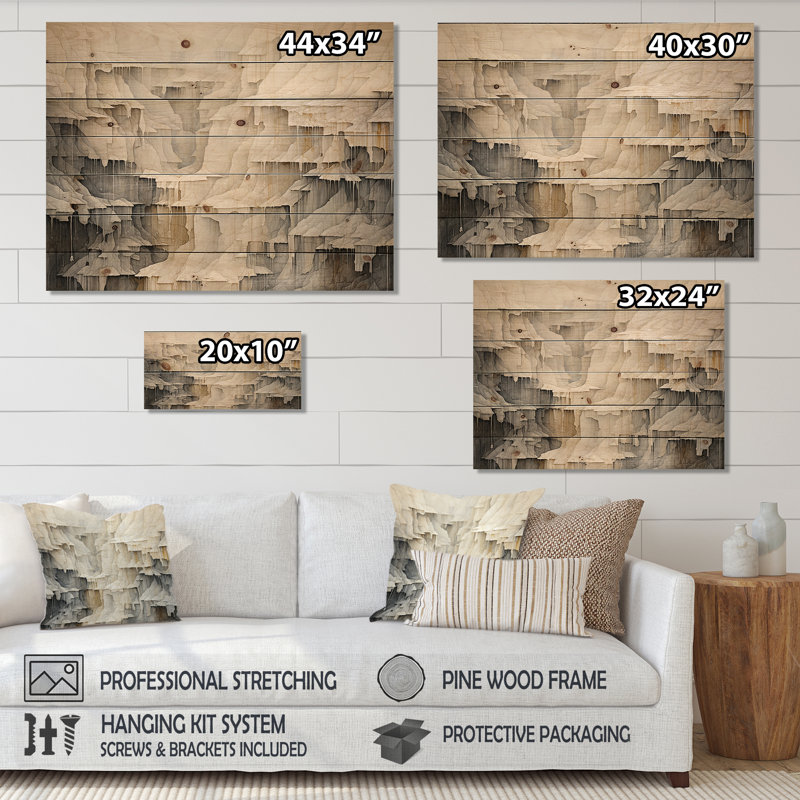 Beige et gris, simple cascade de falaise - panneau de bois en cascade, art mural sur bois de pin naturel, H 10 po x l 20 po