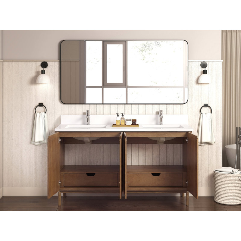 Meuble-lavabo sur pied moderne Tennant Brand 72 pouces, chêne chaud brun fumé, double vasque, comptoir en quartz blanc, entièrement assemblé
