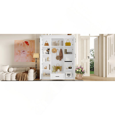85.2''H Hall Tree With Bench And 3 Hooks, Modern Entryway Storage Organizer Cabinet With 4 Doors, 1 Drawer And Adjustable Shelves For Hallway, Entryway, Living Room