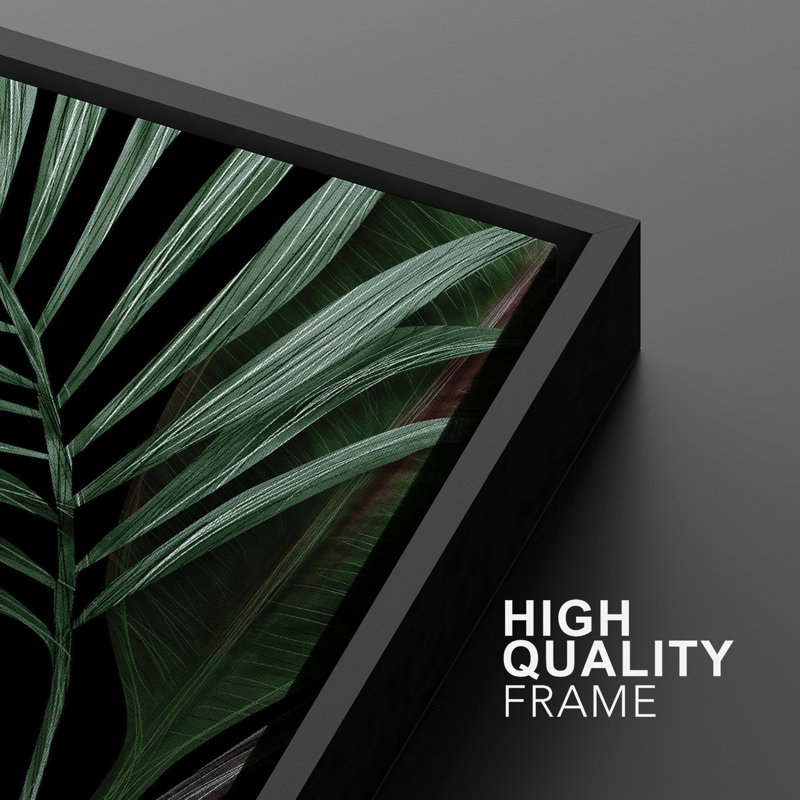 Palmier tropical et feuilles de bananier sur fond noir - reproduction d'art sur toile encadrée, 3 pièces, H 36 po x l 72 po
