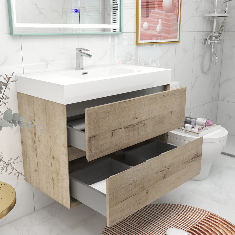 35.4'' Single Bathroom Vanity with Acrylic Top, Light Oak
