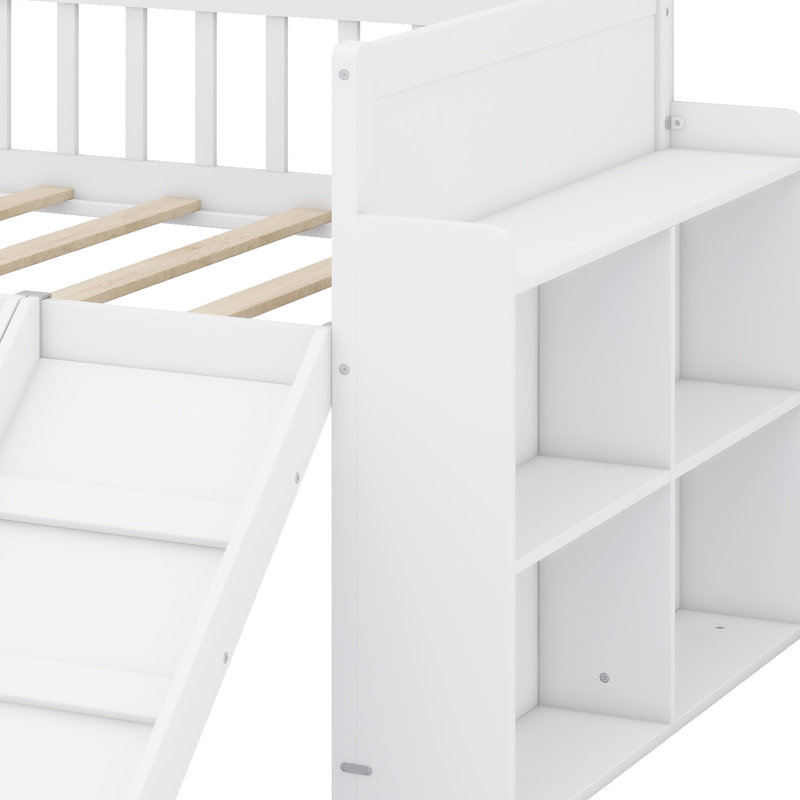 Easy Assembly Wooden Bed Frame with Slide, Ladder, Storage Shelf, and Safety Rail, White