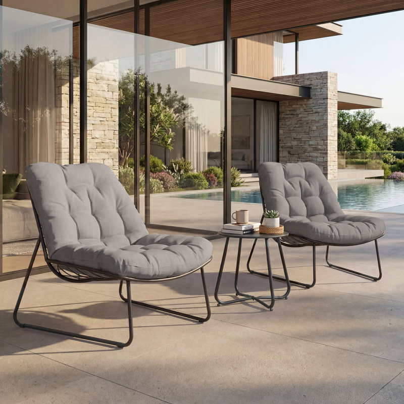 Ensemble 3 pièces de chaises longues avec table d'appoint et coussins, Gris, Noir