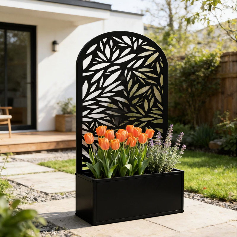 Jardinière courbée surélevée avec treillis décoratif d'intimité, volume intérieur de 7,7 gallons, drainage pour le succès des plantes, fixation murale ou autoportante, panneau de lit de jardin polyvalent de L 24 po x l 9,1 po